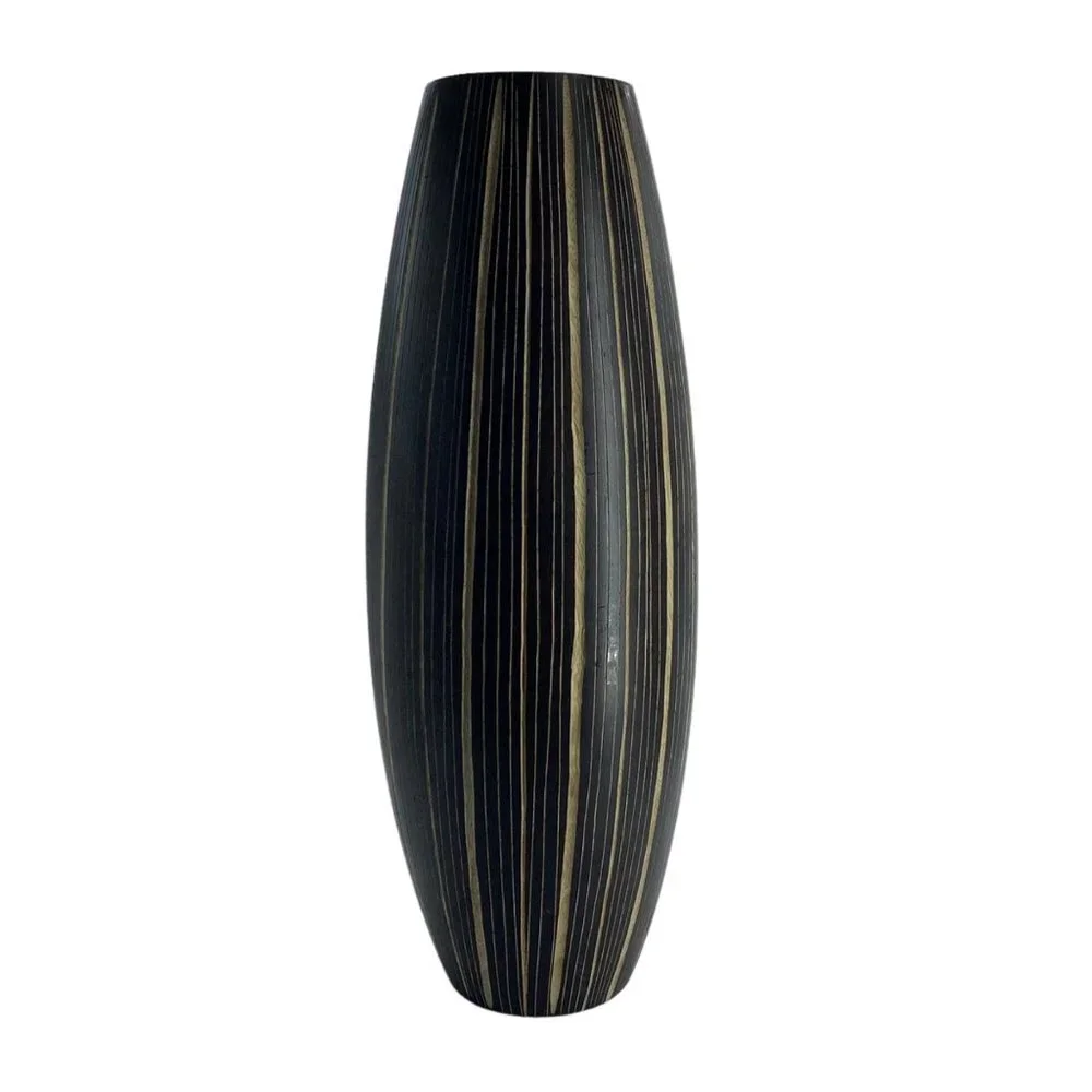 Crate & Barrel Brown Vertical Stripe Tribal Wooden Hand Carved Vase 16